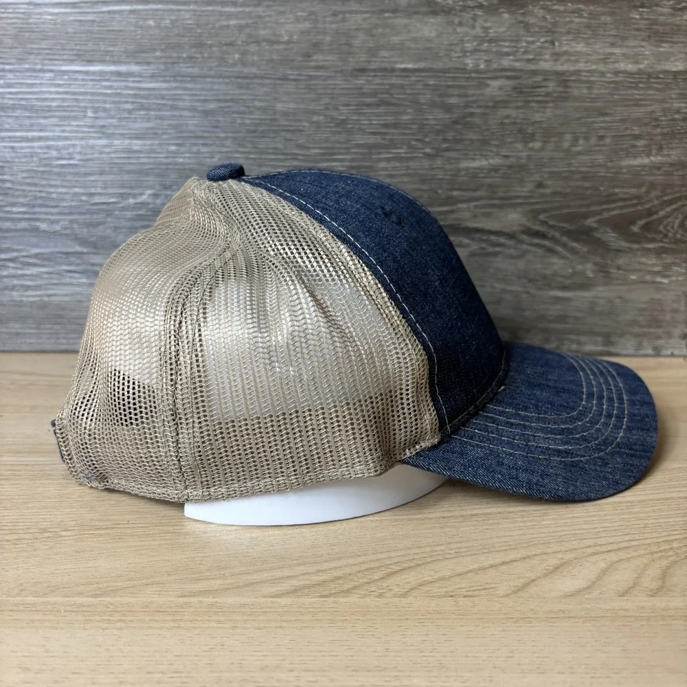 Bay St Louis Hat Cap Snap Back Blue Denim Tan Mesh Trucker Embroidered Mens